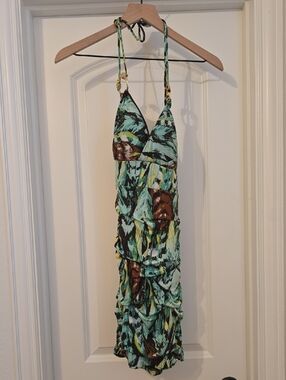 XOXO Halter Tropical Print Dress in Mint, Brown, Yellow